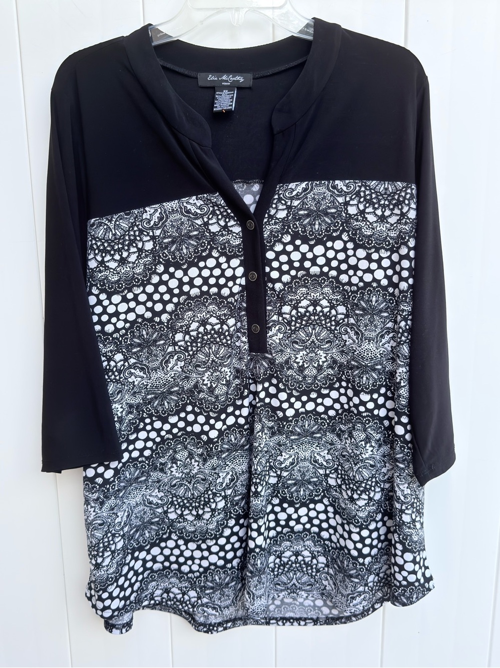 Elie McCarthy Black & White Patterned Tunic Henley Top Woman 2X